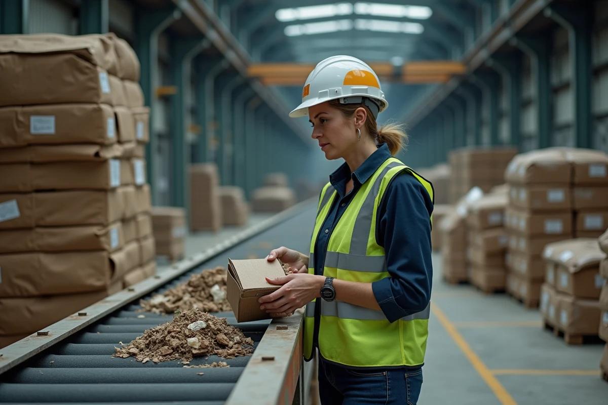 Ingénieure inspectant des matériaux triés dans un centre de recyclage industriel, illustrant les enjeux de l'économie circulaire