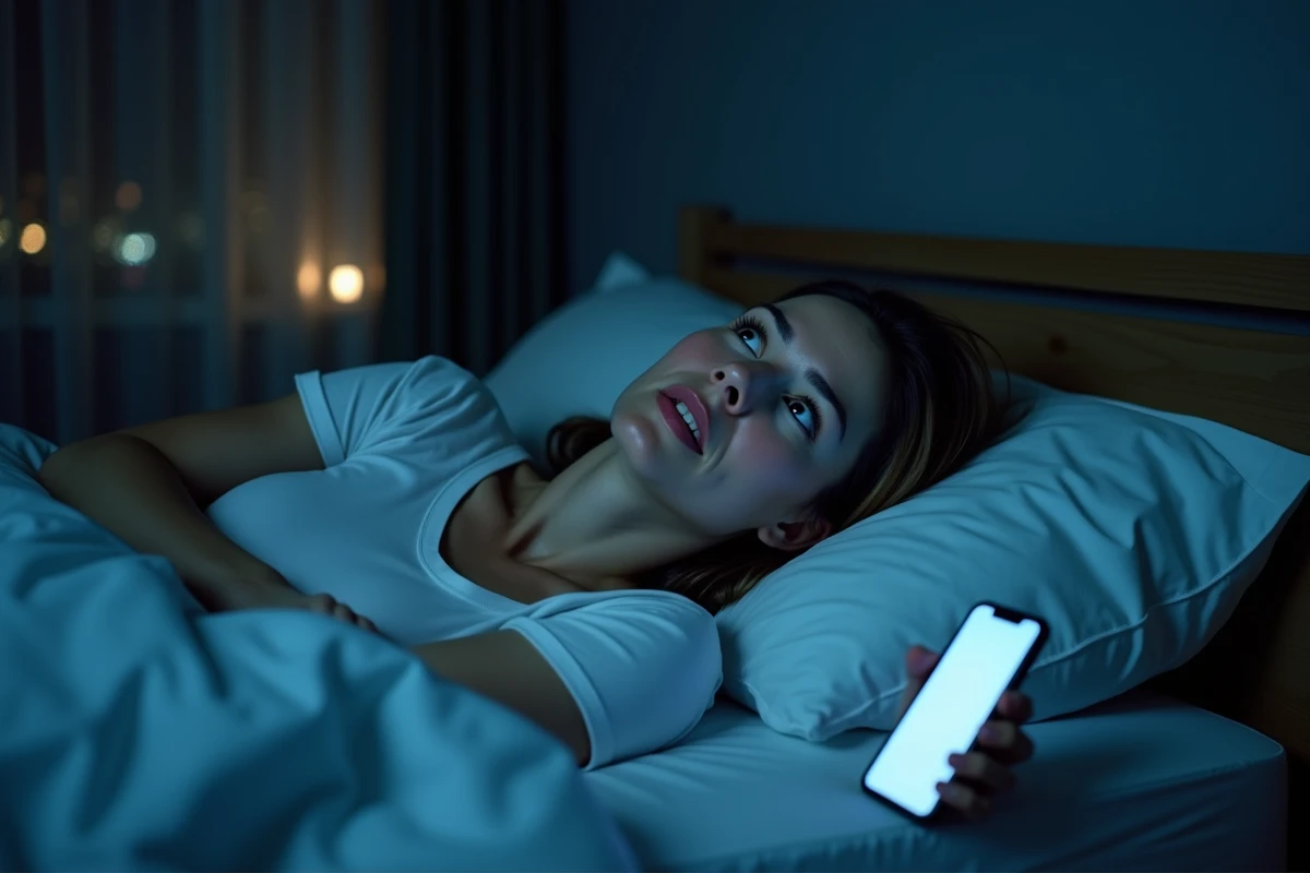 Femme insomnique dans son lit regardant le plafond avec son téléphone affichant des emails de travail la nuit