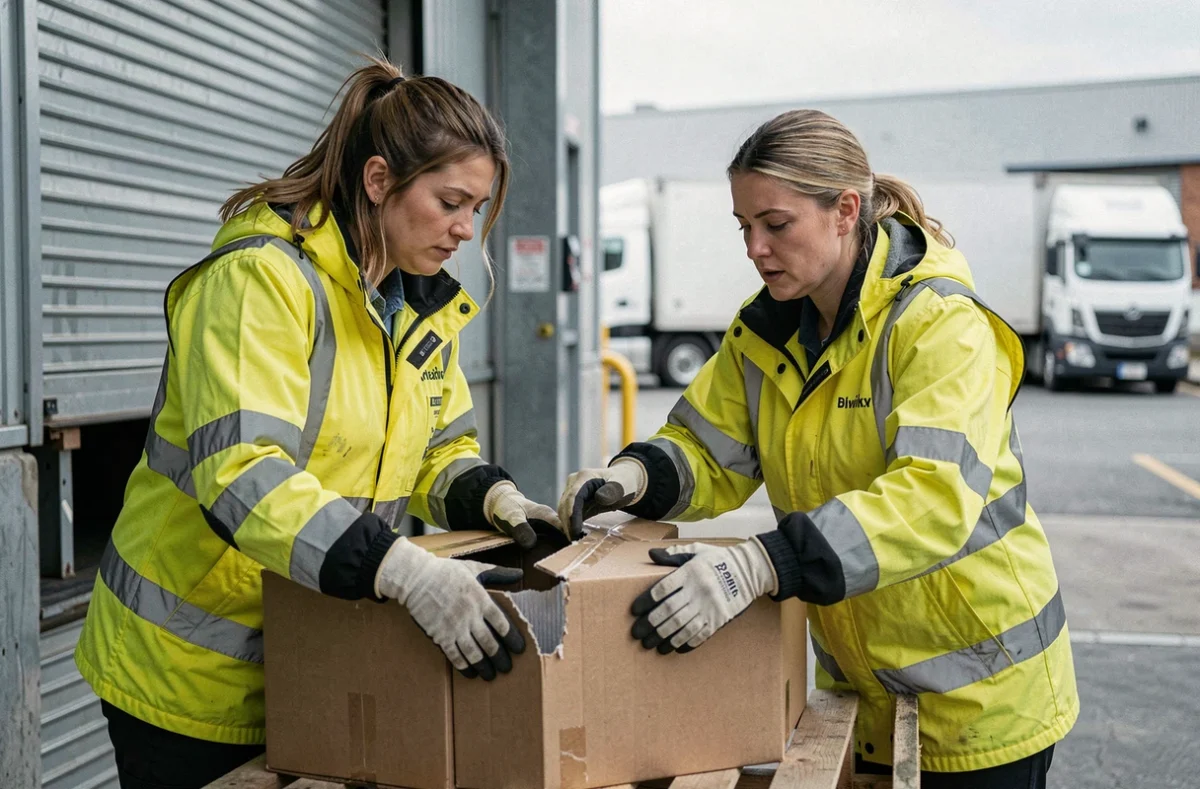 Deux ouvrières inspectant des colis endommagés sur un quai de chargement dans un centre de distribution logistique