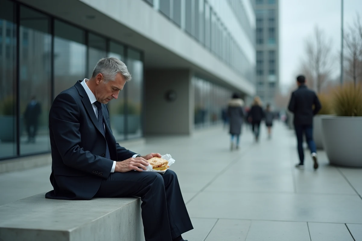 Homme en costume isolé devant un immeuble de bureaux symbolisant l'isolement et les effets du surmenage professionnel