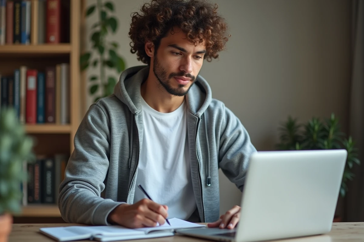 Un jeune entrepreneur prend des notes sur son projet de création d'entreprise aidé par les dispositifs de Pôle emploi