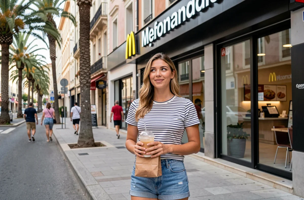 Jeune femme corse devant un McDonald's à Ajaccio tenant un sac à emporter, illustrant les avis mitigés des habitants sur la chaîne de restauration rapide