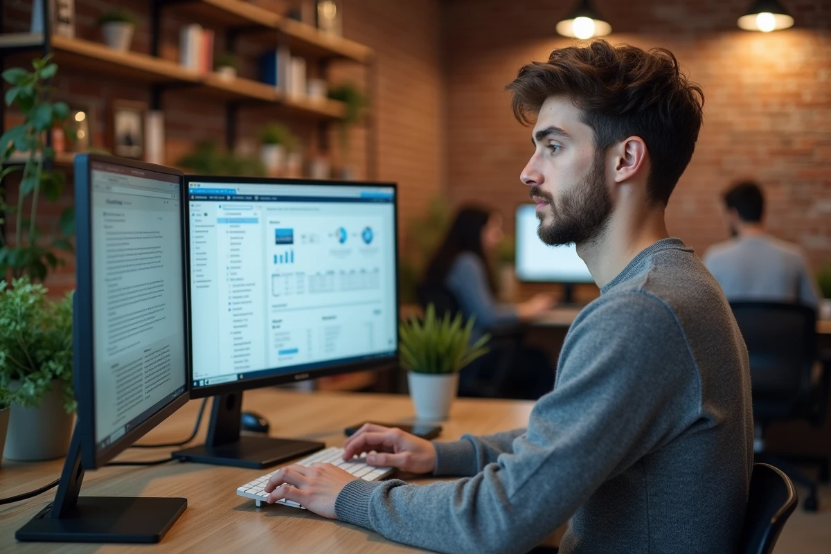 Jeune homme travaillant sur des logiciels cloud dans un espace de coworking moderne avec des murs en briques apparentes