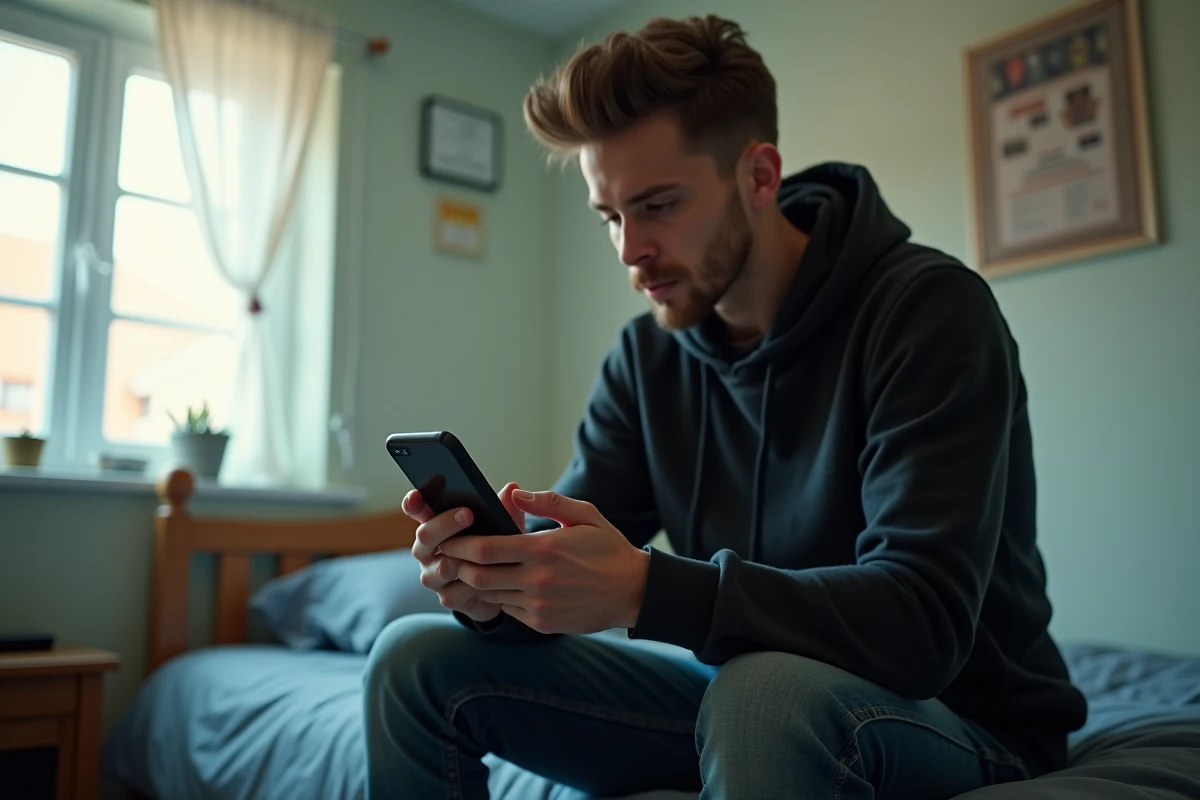 Jeune homme consultant le numéro 3114 sur son téléphone dans sa chambre en situation de détresse psychologique
