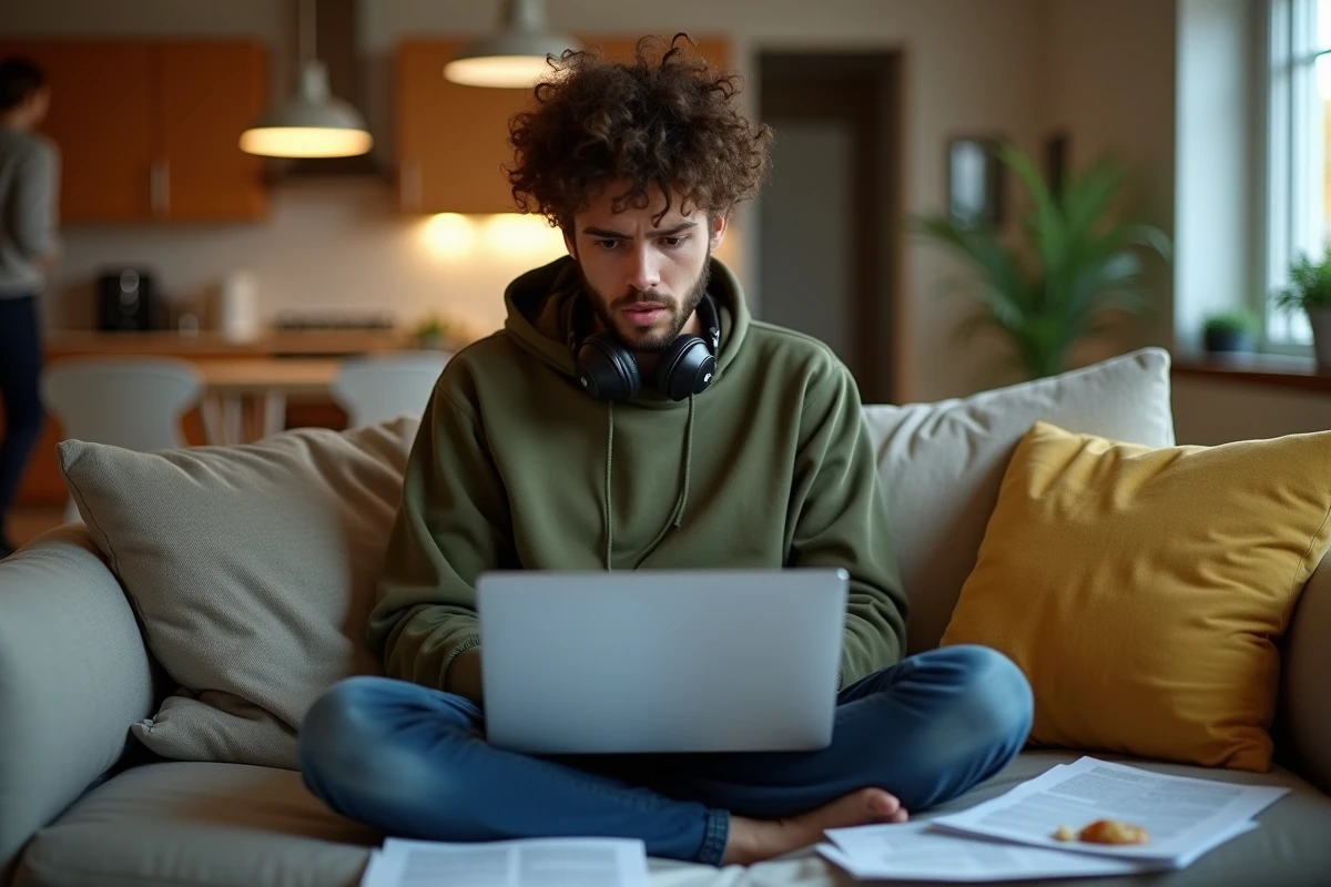 Jeune professionnel en télétravail sur un canapé dans un appartement partagé, illustrant le manque de séparation entre vie pro et perso