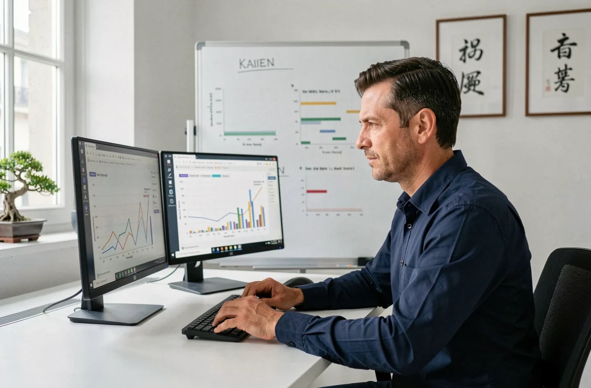 Consultant SEO de l'agence Kaizen SEO analysant des données de performance sur des écrans dans un bureau épuré d'inspiration japonaise