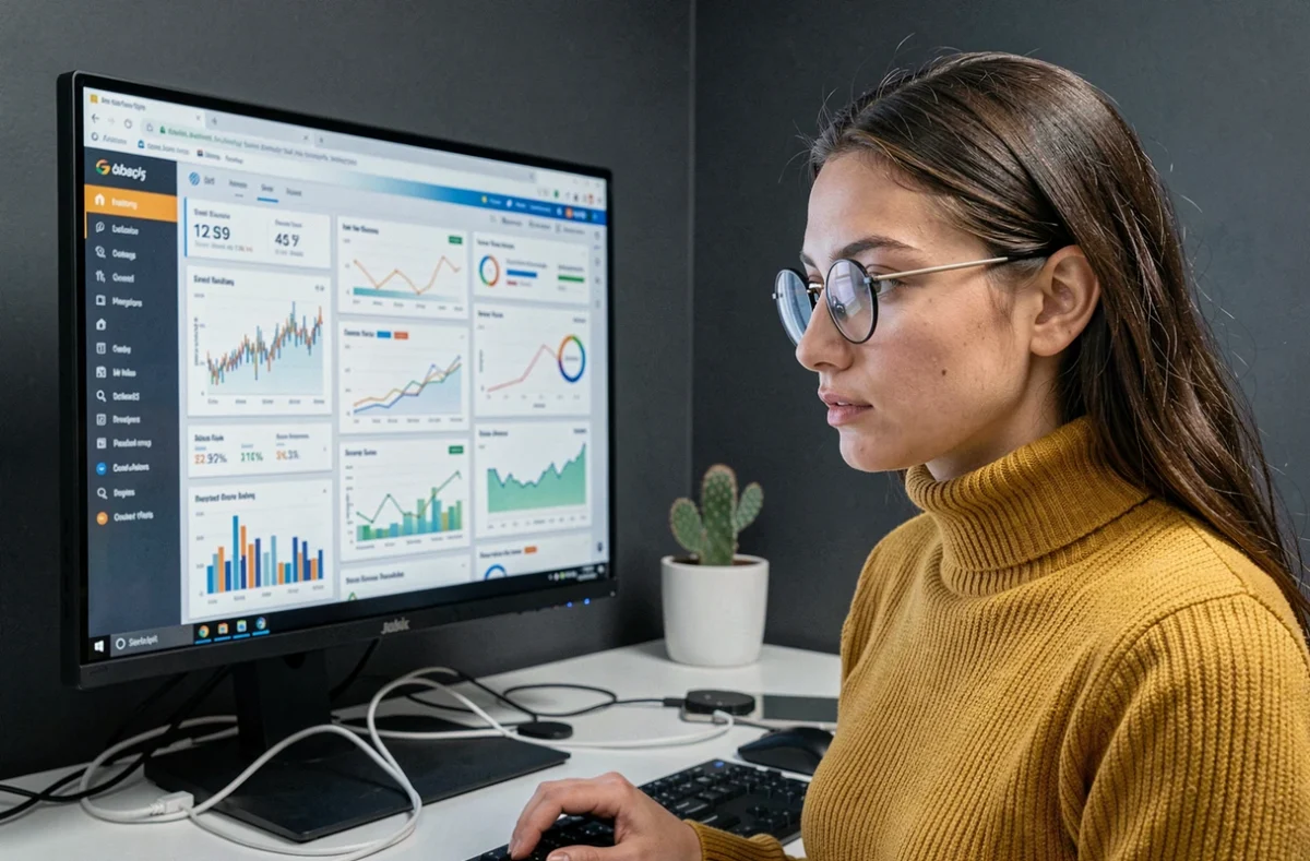 Développeuse de Kaligen analysant des données SEO et analytiques sur un tableau de bord numérique