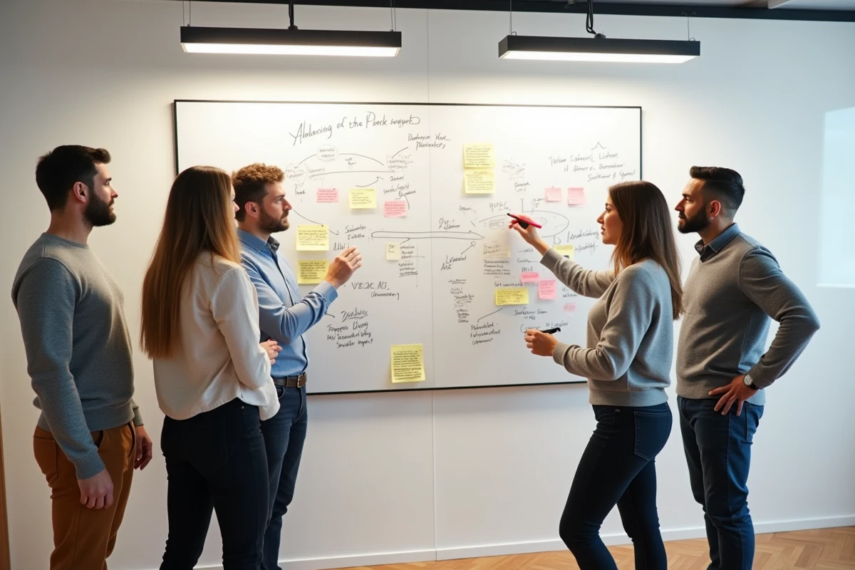 Une équipe pluridisciplinaire en session de brainstorming devant un tableau blanc, représentant la flexibilité et l'intelligence collective du leadership adaptatif
