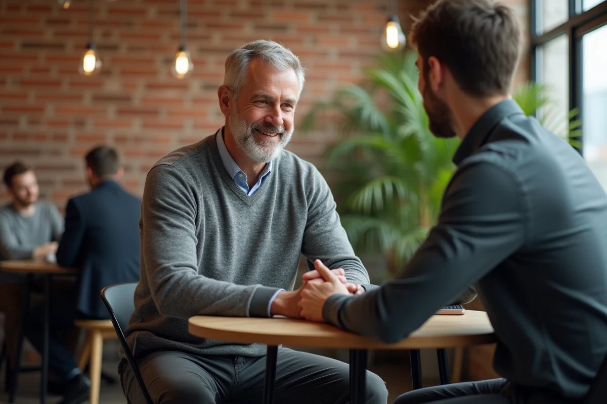 Un manager expérimenté en conversation de mentorat individuel dans un espace de coworking, symbolisant l'écoute et l'adaptation au sein du leadership