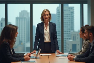 Une leader en blazer marine anime une réunion d'équipe dans un bureau moderne, illustrant le leadership adaptatif en action