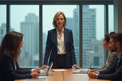 Une leader en blazer marine anime une réunion d'équipe dans un bureau moderne, illustrant le leadership adaptatif en action