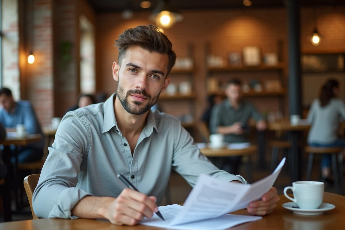 Jeune homme lisant attentivement un contrat dans un café pour comprendre les clauses contractuelles