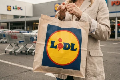Sac Lidl avec logo tricolore tenu par une femme devant un parking de supermarché européen