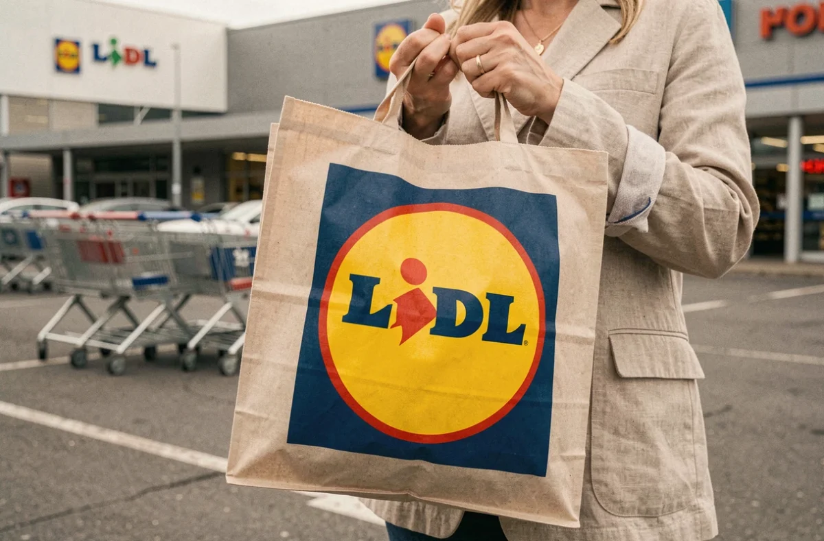 Sac Lidl avec logo tricolore tenu par une femme devant un parking de supermarché européen