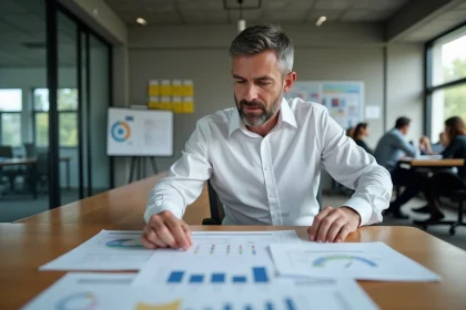 Un manager en chemise blanche analyse des documents de déploiement ERP sur une table de réunion en bois dans un bureau moderne