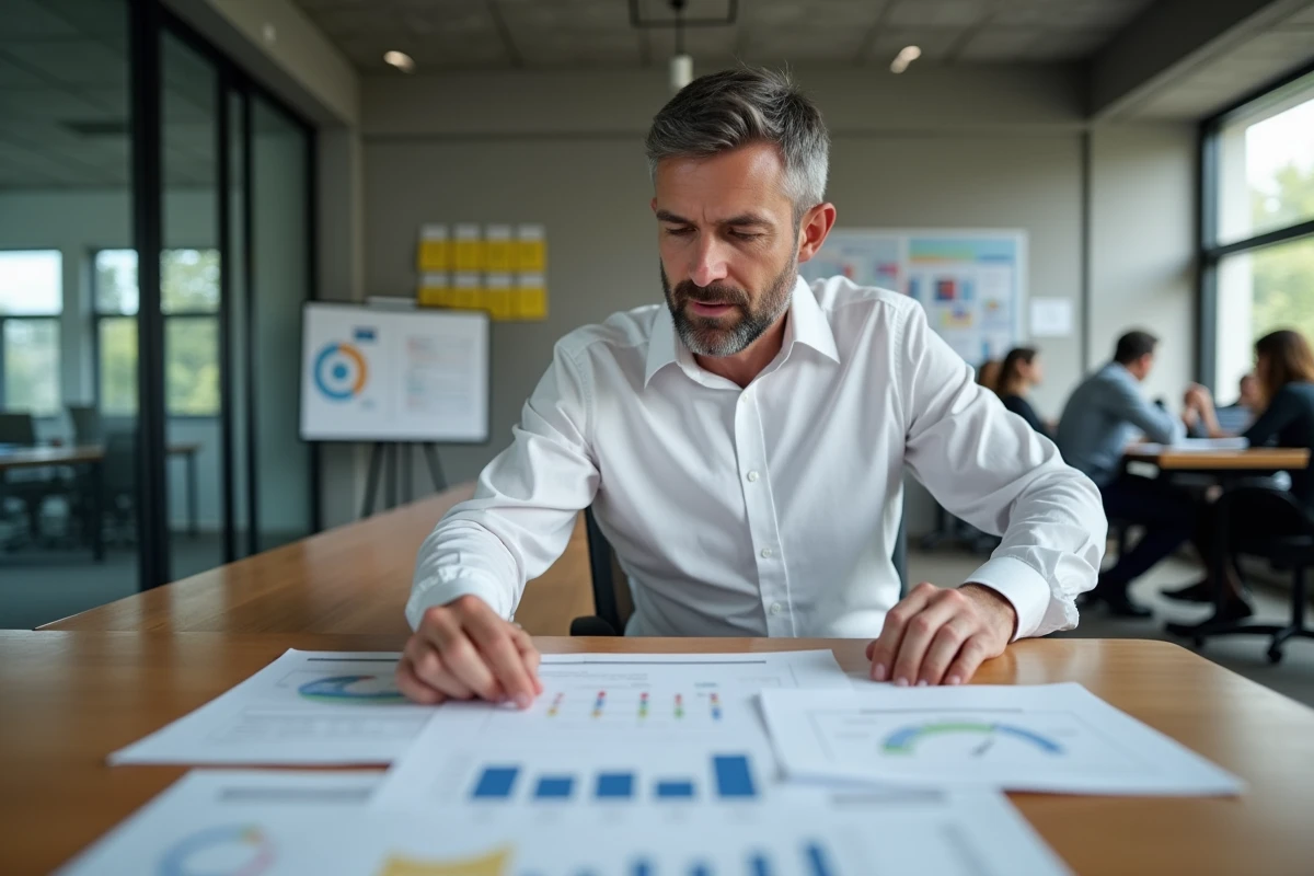 Un manager en chemise blanche analyse des documents de déploiement ERP sur une table de réunion en bois dans un bureau moderne
