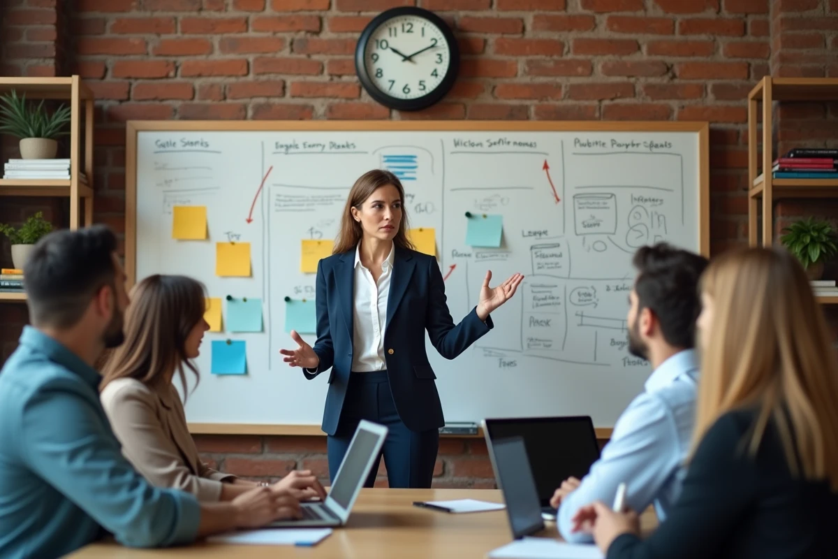 Manager présentant une stratégie organisationnelle sur un tableau blanc couvert de post-it dans un espace de travail créatif style startup