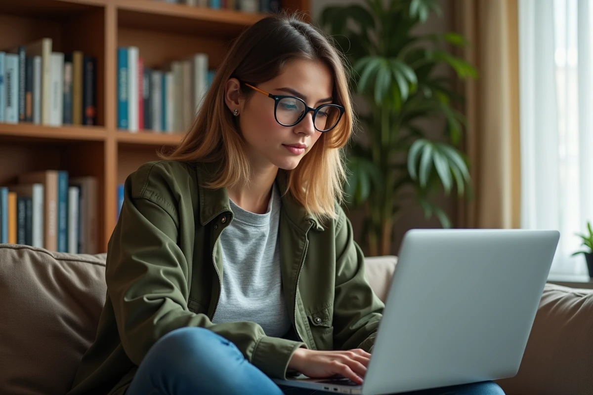Jeune femme travaillant depuis chez elle sur une campagne de marketing numérique avec un ordinateur portable