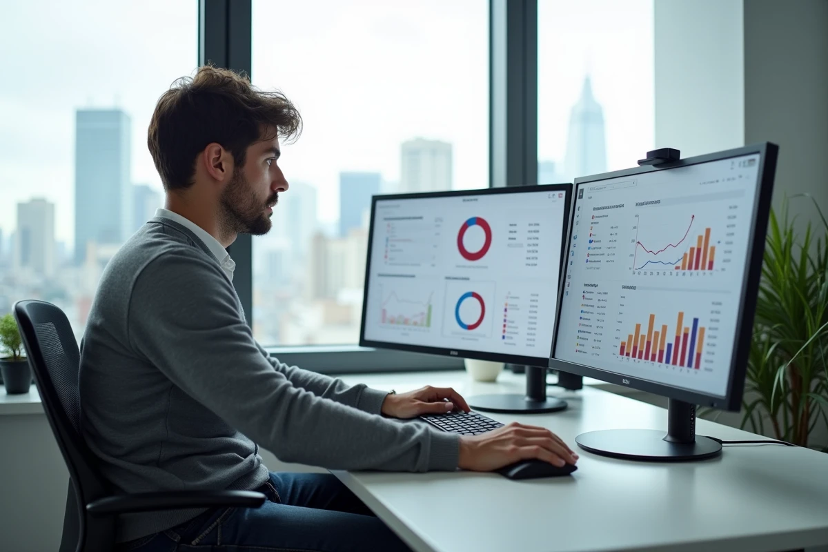 Spécialiste du marketing de performance analysant des tableaux de bord analytiques et des métriques de conversion sur deux écrans