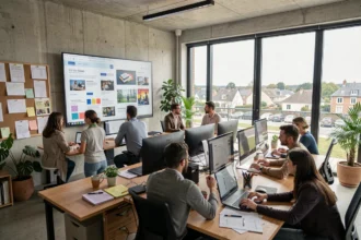 Vue d'ensemble d'une agence de communication moderne dans le Val-de-Marne avec des professionnels collaborant sur des projets créatifs