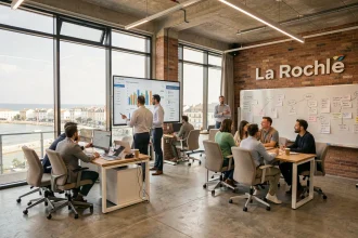Bureau d'agence SEO moderne en Charente-Maritime avec équipe analysant des tableaux de bord de référencement naturel