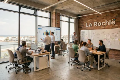 Bureau d'agence SEO moderne en Charente-Maritime avec équipe analysant des tableaux de bord de référencement naturel