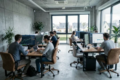 Vue d'ensemble d'une agence SEO moderne dans le Val-d'Oise avec des professionnels travaillant sur des tableaux de bord d'analyse