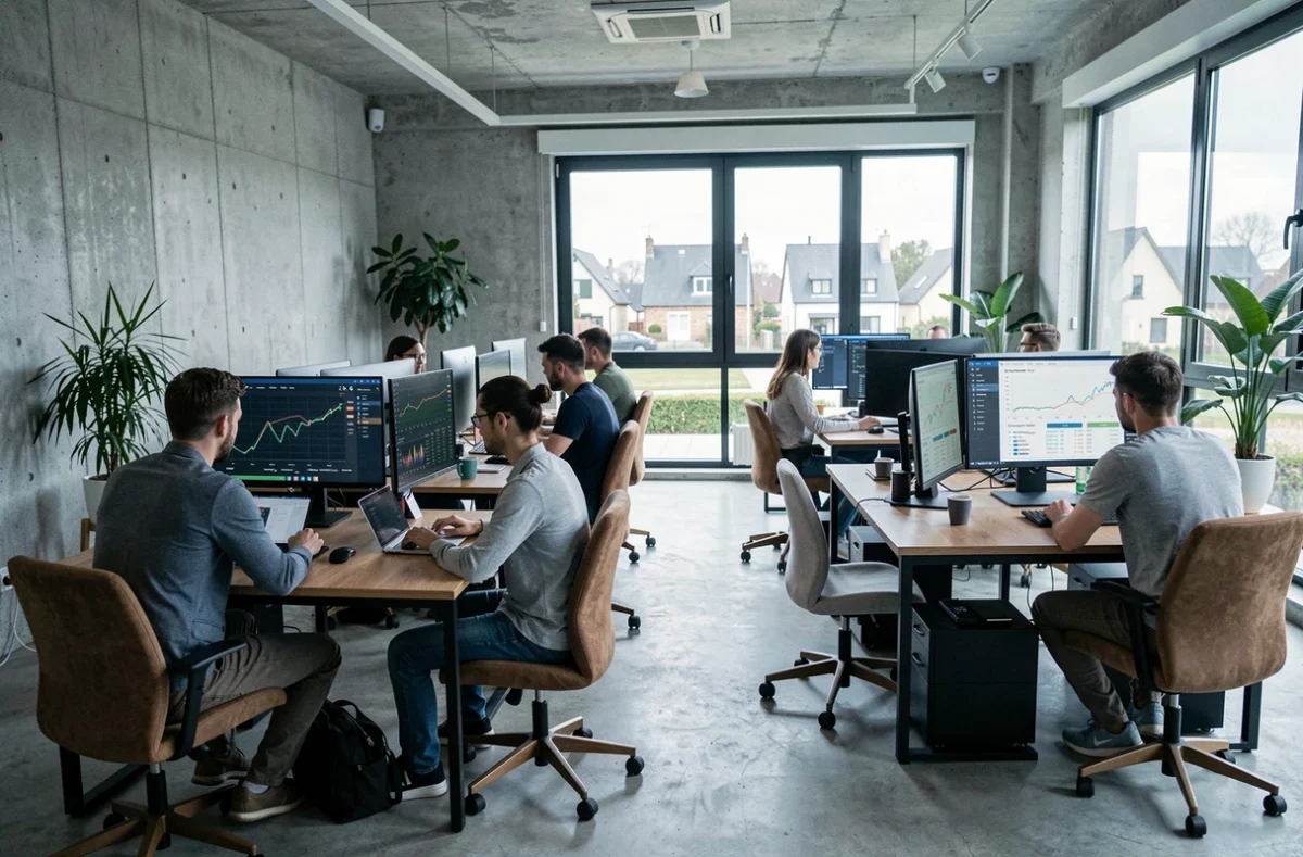 Vue d'ensemble d'une agence SEO moderne dans le Val-d'Oise avec des professionnels travaillant sur des tableaux de bord d'analyse