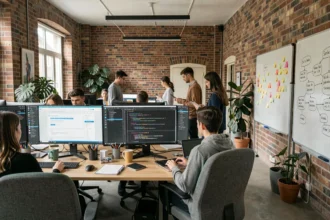 Bureau d'agence web moderne dans la Marne avec des professionnels travaillant sur des projets digitaux
