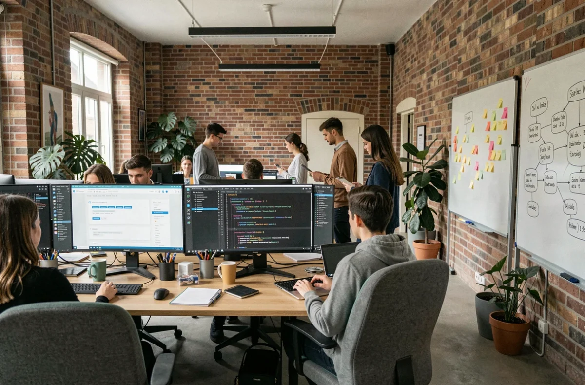 Bureau d'agence web moderne dans la Marne avec des professionnels travaillant sur des projets digitaux