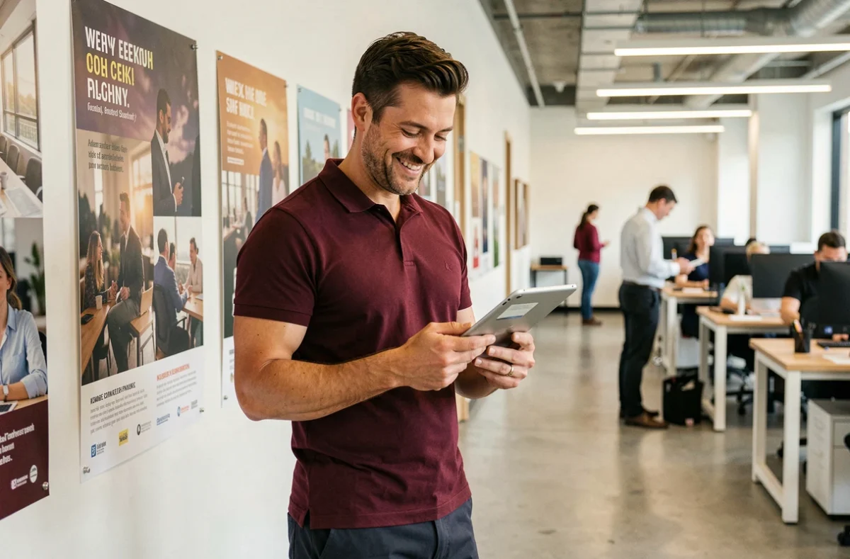 Michaël Mimoun, professionnel en communication, consultant ses contenus sur tablette dans une agence du Val-de-Marne