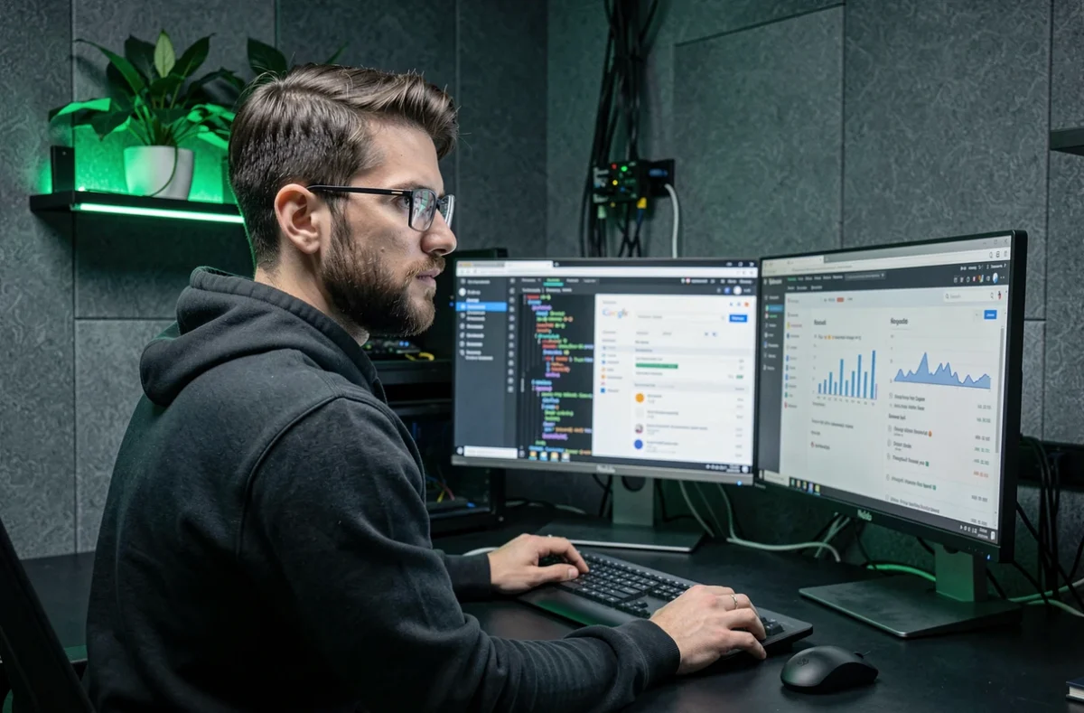 Développeur SEO de l'agence Noqode travaillant sur l'optimisation technique d'un site web dans un studio high-tech avec plusieurs écrans