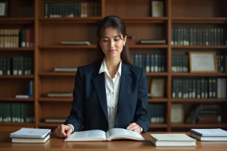 Femme juriste consultant un livre de normes fondamentales dans une bibliothèque juridique professionnelle