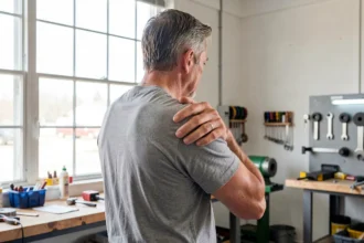 Ouvrier se tenant l'épaule douloureuse dans un atelier