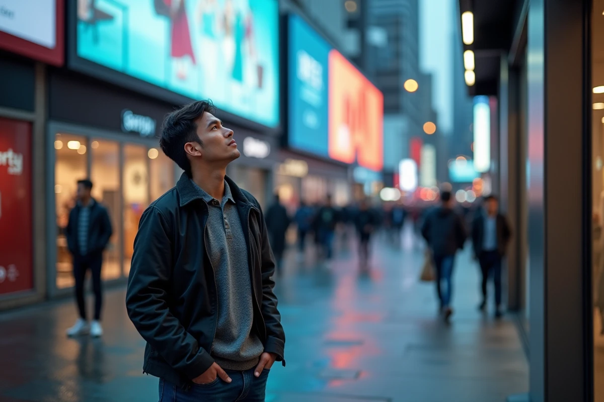 Homme observant une publicité numérique sur un grand panneau d'affichage en milieu urbain