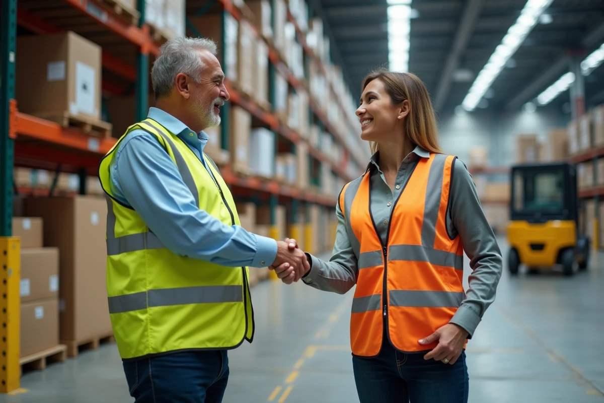 Poignée de main entre un responsable logistique et un fournisseur dans un entrepôt industriel