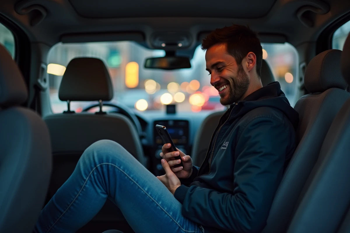 Passager utilisant son smartphone dans un véhicule Uber en milieu urbain