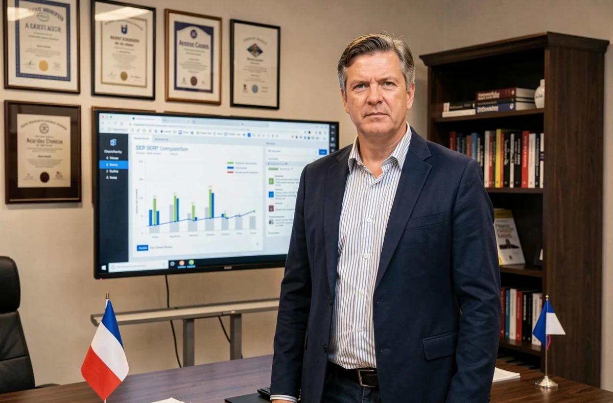 Paul, consultant SEO freelance, présentant une analyse de concurrence SERP dans un bureau professionnel orné de certifications encadrées