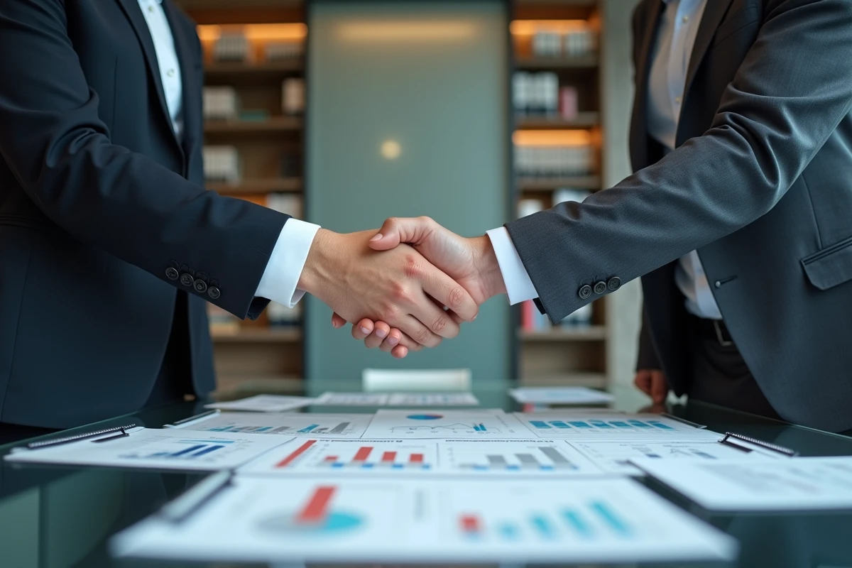 Poignée de main entre deux cadres devant des documents financiers du CAC 40, symbolisant les alliances et le contrôle actionnarial des grandes entreprises françaises