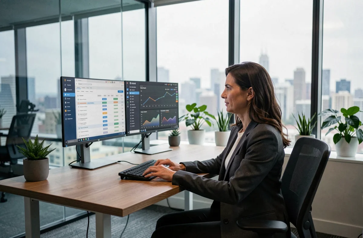 Professionnelle IT utilisant un portail métier sur double écran dans un bureau vitré avec vue sur la ville
