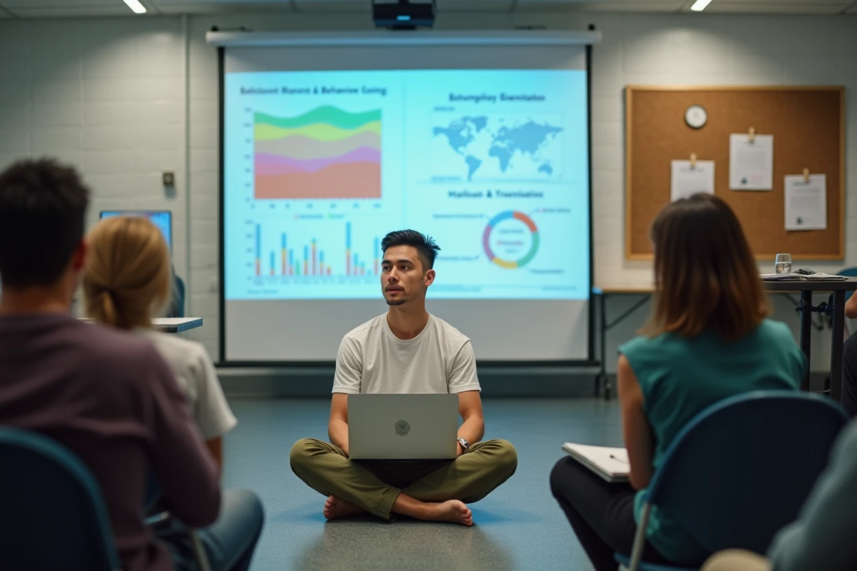Jeune homme présentant des données de campagne de marketing social à une audience dans un centre communautaire