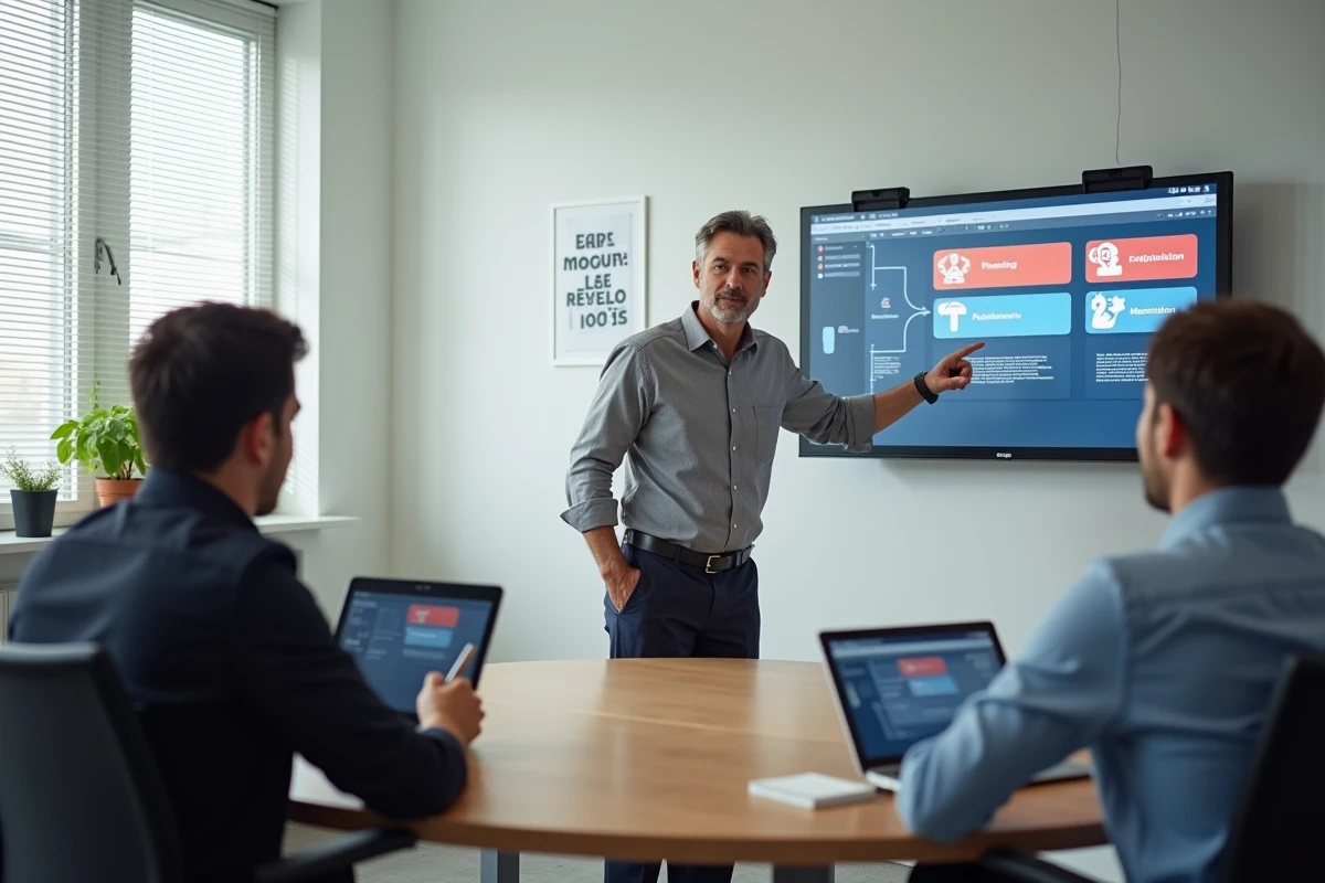 Réunion de présentation d'un logiciel ERP adapté à la gestion d'une salle de sport