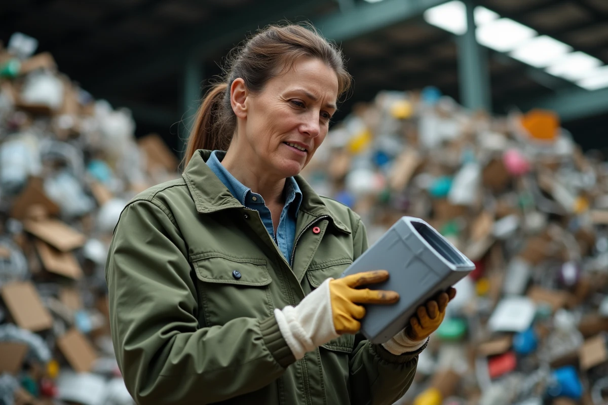 Consultante environnementale examinant des déchets plastiques dans un centre de recyclage industriel, illustrant les défis de la durabilité