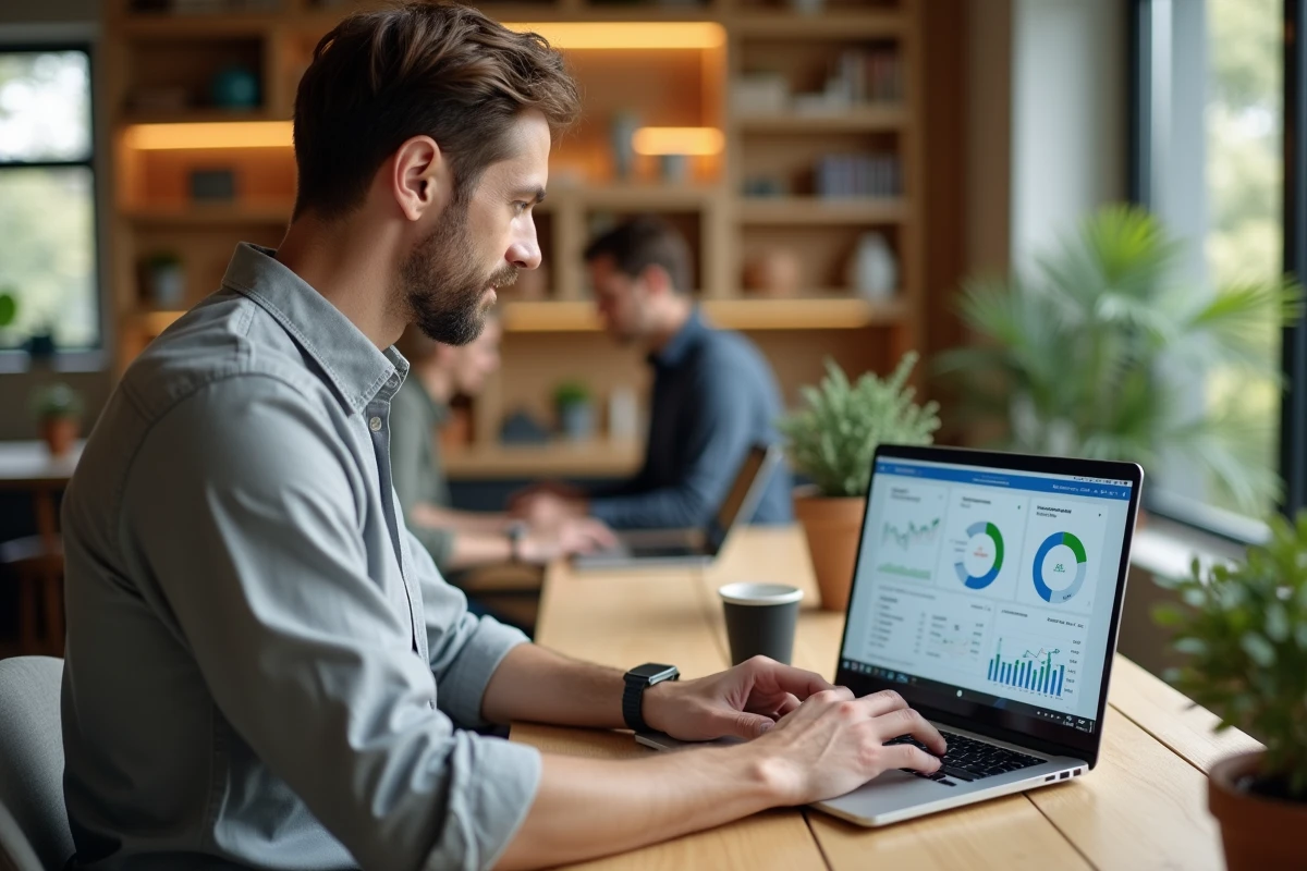 Professionnel analysant des tableaux de bord ESG et RSE sur son ordinateur portable dans un espace de coworking au design scandinave