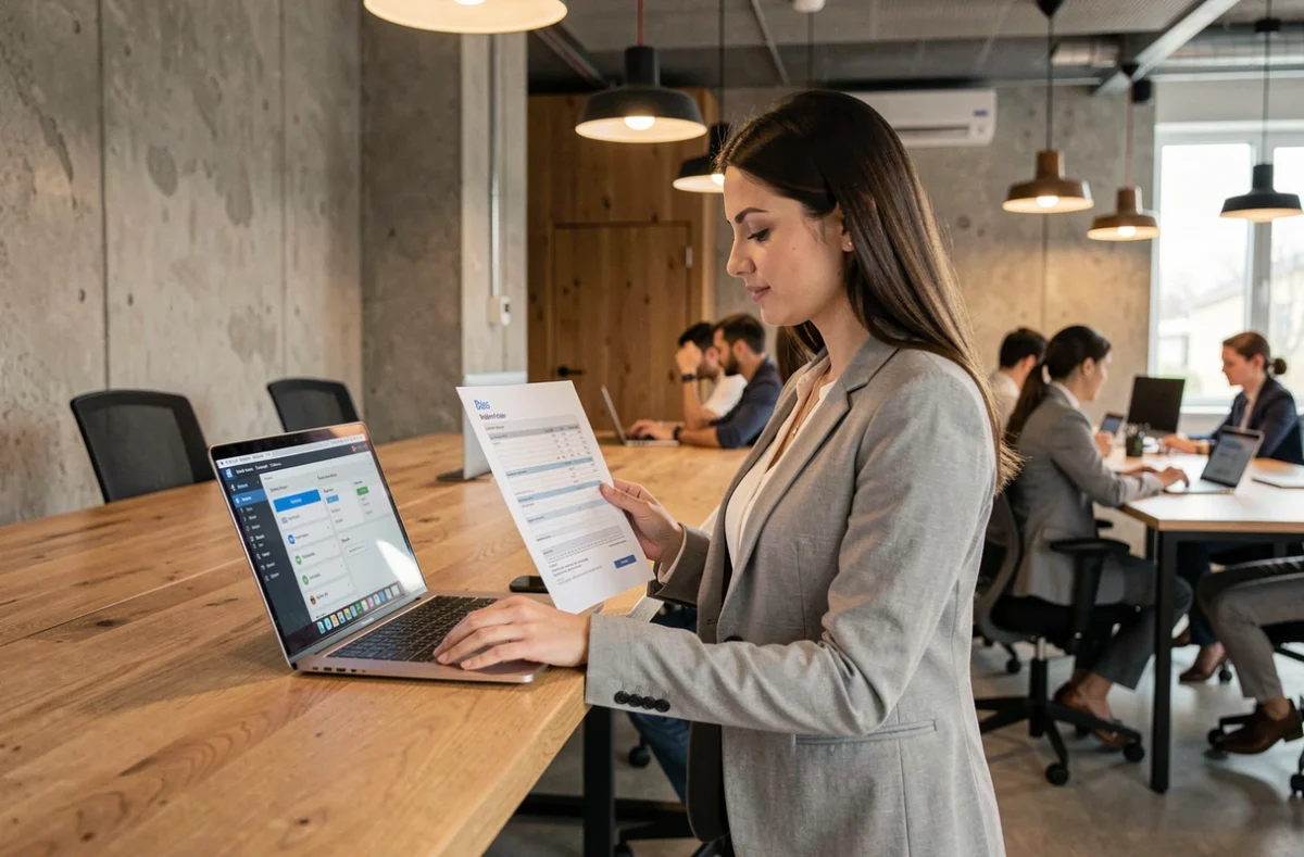 Professionnelle de l'assurance comparant des documents papier et le portail numérique AXA courtage dans un espace de co-working moderne