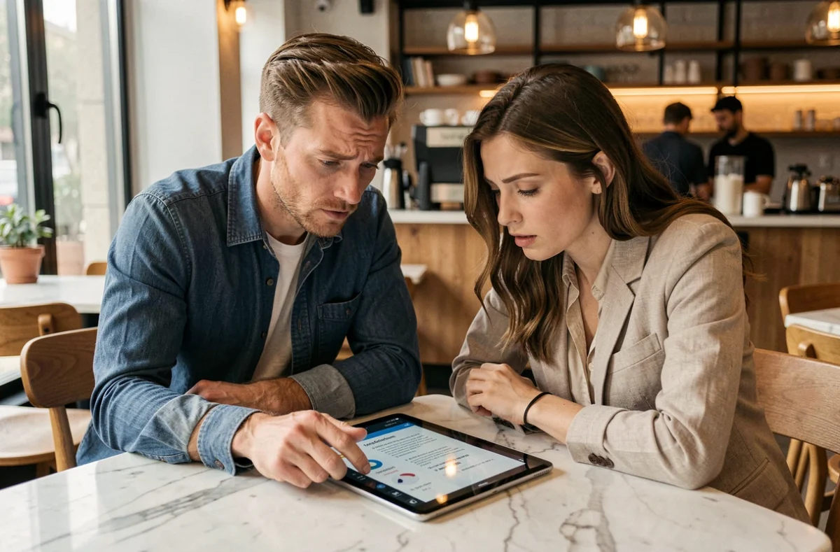 Deux professionnels discutant des conditions contractuelles d'une plateforme d'emploi remote sur une tablette dans un café