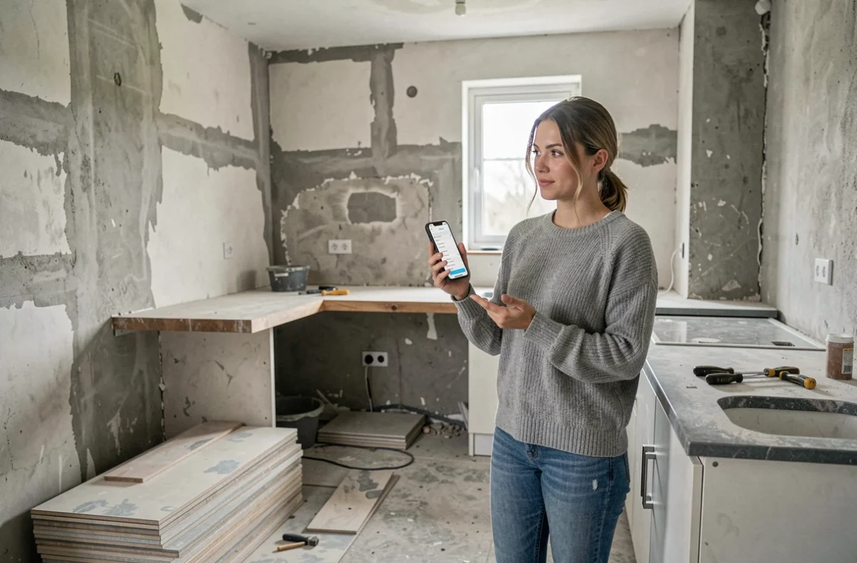 Propriétaire féminine évaluant le budget de rénovation de sa cuisine en cours de travaux, smartphone à la main affichant un comparateur de devis BTP