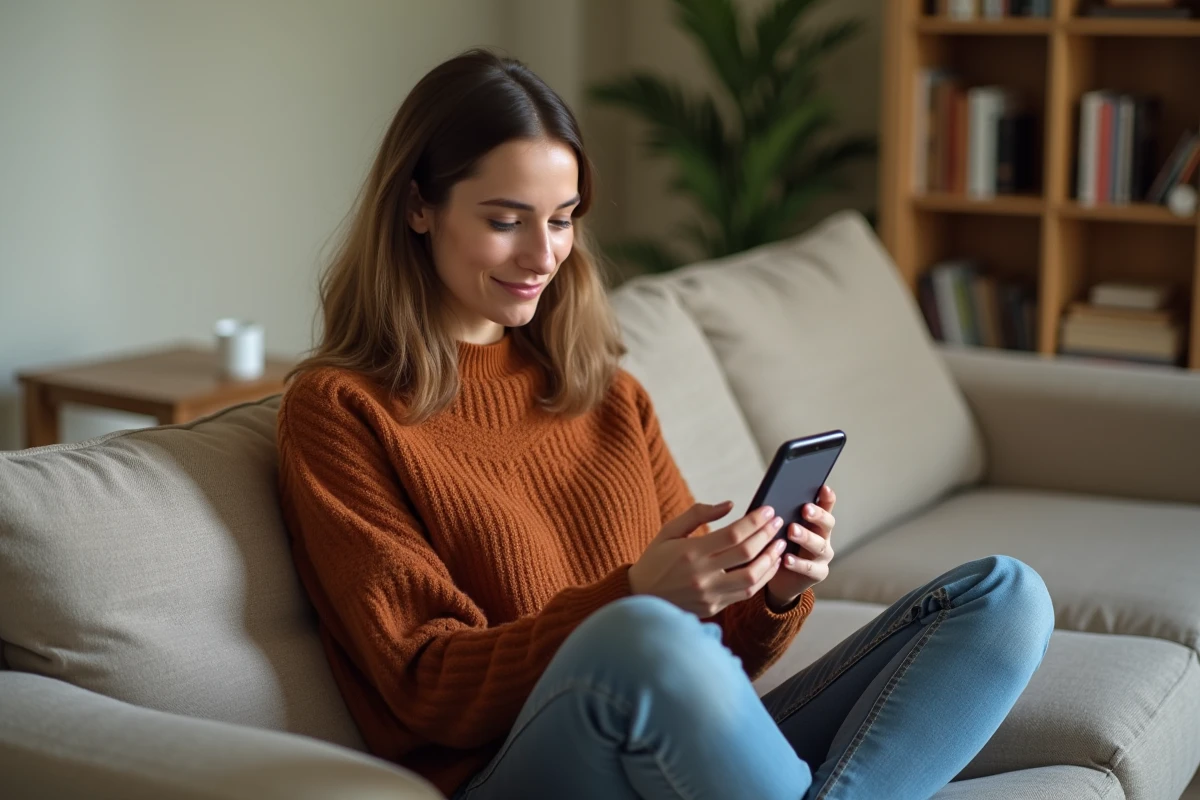 Une jeune femme fait défiler son fil Facebook sur son smartphone depuis son canapé à la maison