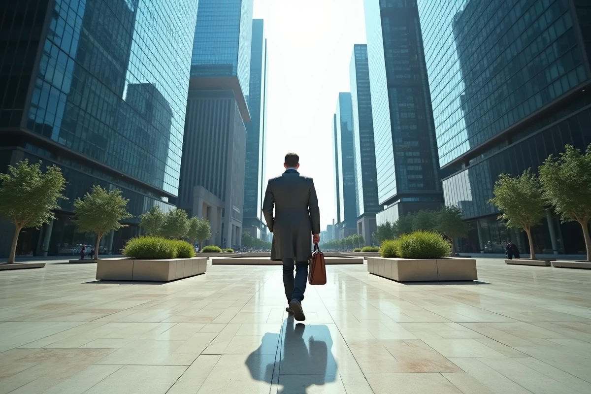 Vue grand angle du quartier de La Défense à Paris avec ses tours de grandes entreprises du CAC 40, un cadre marchant seul sur l'esplanade symbolisant le poids économique des multinationales françaises