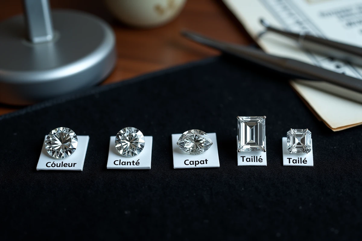 Quatre diamants représentant les 4C de la gemmologie : couleur, clarté, carat et taille sur velours noir